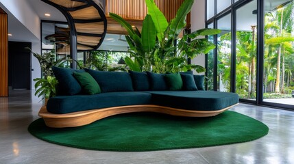 A stylish modern living room with a dark green sectional sofa and plants by a large window, with a spiral staircase in the background. 