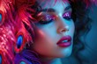 © dashtik - Vibrant Glamour: Close-Up of Woman with Sparkling Makeup and Colorful Feather Accessory