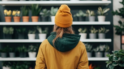 Person in a yellow hat looking at potted plants on a shelf.