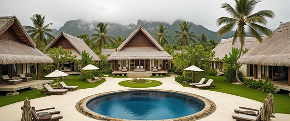 Wall Mural -  tropical villa with a traditional architectural style, featuring thatched roofs and wooden structures.