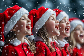 Canvas Print - Holiday Choir Singing Christmas Carols with Festive Decorations  