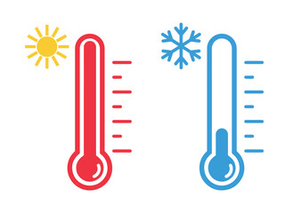 thermometer vector icons with sun and snowflake. thermometer with sun and snowflake icon. hot and co