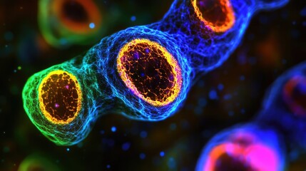 Wall Mural - vibrant microscopic view of colorful cells, highlighting intricate structures and dynamic patterns i