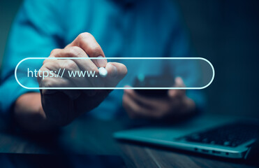 laptop and data search technology search engine optimization, business people hands typing on laptop