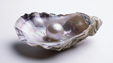 A close-up of a natural pearl nestled inside the folds of an oyster shell, the iridescent nacre reflecting light, set on a clean white background.