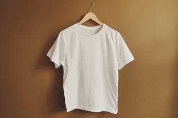 Blank white t-shirt mockup on wooden hanger against brown wall background, copy space