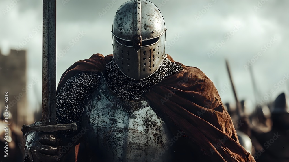 3. Medieval knight in full armor wielding a longsword standing on a ...