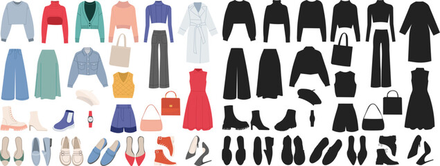 Poster - Set of women's fashion clothes for every day in flat style on white background, vector