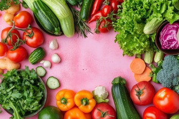 Fresh vegetable salad. Healthy food. Healthy eating concept. Salad on pink background. Top view close up - generative ai