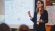 © RaptorWoman - Confident businesswoman in glasses presenting data and charts on a whiteboard during a corporate meeting or seminar.