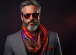 © Olivia - Businessman confident, charismatic, wearing a dark grey suit, colourful scarf, sunglasses, studio shot