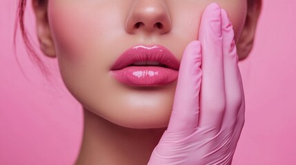 close-up of a beautiful woman’s face with pink lips and a hand in a rubber glove, set against a pastel background, representing beauty, skincare, and cosmetology