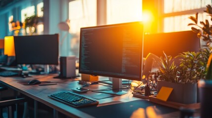 Modern Office Workspace with Warm Sunset Glow