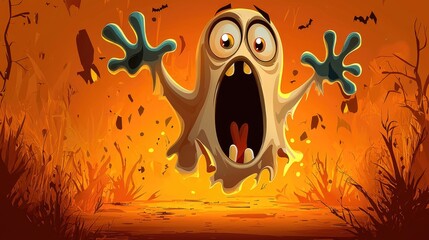 Playful cartoon ghost in a spooky Halloween setting