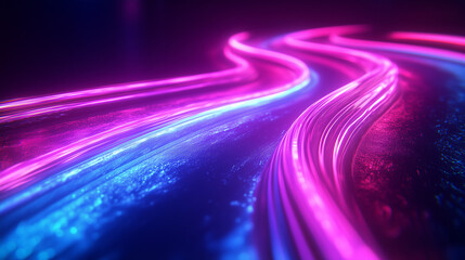 Poster - Futuristic Neon Light Trails with Pink and Blue Curved Lines on a Dark Background