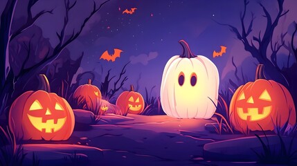 Spooky Autumn Pumpkin Patch in Enchanted Nighttime Forest Backdrop