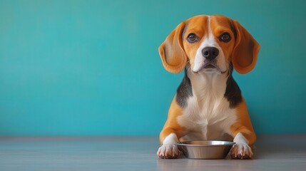 a beagle dog eagerly waiting in front of its food bowl against a light blue background capturing the innocence and joy of pets in a playful moment