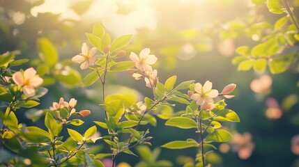 Wall Mural - Close-up of delicate pink blossoms on a branch with green leaves, bathed in warm sunlight.