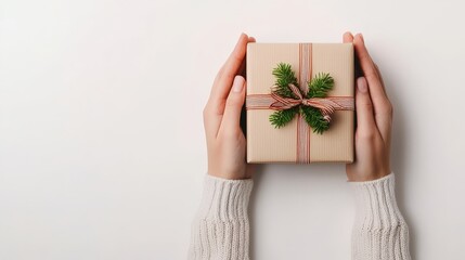 Two hands holding a gift box, symbolizing customer appreciation, bright clean background, white table setting with space for text