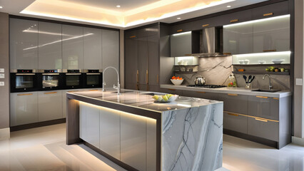 Luxury Kitchen with Marble Island and Elegant Lighting