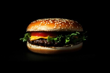 Big tasty burger on a dark background. Fast food, street food, American food - generative ai