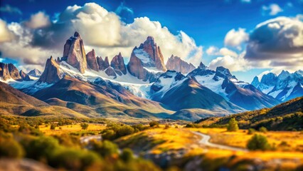 Wall Mural - Breathtaking tilt-shift panorama showcases Patagonia's grand mountains, bathed in sunlight beneath a pristine blue sky, dotted with fluffy clouds, capturing nature's magnificence.