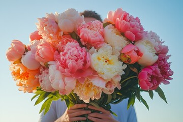 Canvas Print - A man holding a massive bouquet of vibrant peonies in both hands