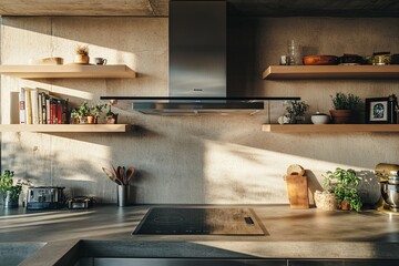 A modern kitchen scene featuring a glass induction cooktop