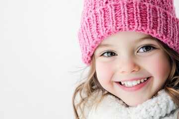 Portrait of a joyful little girl with a bright pink winter hat