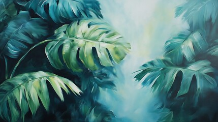 Wall Mural - A vibrant tropical jungle scene featuring lush green leaves illuminated by a soft light in a serene atmosphere