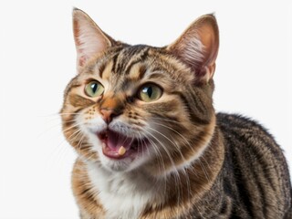 A meowing surprised cat isolated on a transparent background in png format, with a funny and excited expression on his face