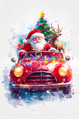 Sticker - A painting of santa claus driving a red car with a reindeer and a Christmas tree