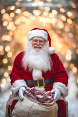 Sticker - A man dressed as Santa Claus sitting on a bench with a bag of presents