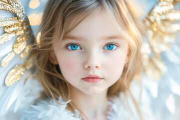 Canvas Print - A little girl with blue eyes and angel wings