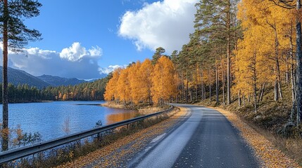 Canvas Print - Autumn Roadside Through Colorful Trees by a Lake