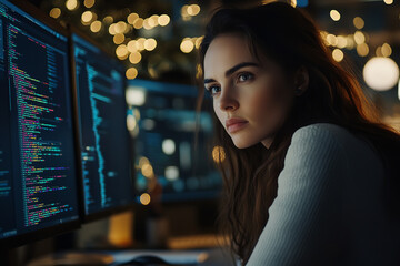 Sticker - Tech-Savvy Businesswoman Coding with Multiple Displays in High-Tech Office  