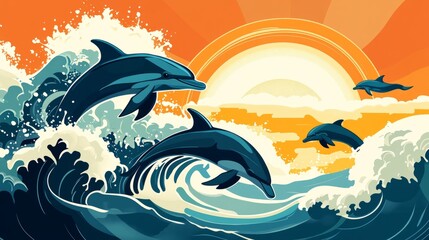Wall Mural - dolphins leaping through crashing waves at sunset.
