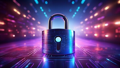 Cyber security concept with a padlock on violet background. 3d padlock against a vibrant purple background, symbolizing security and protection for data or personal information.