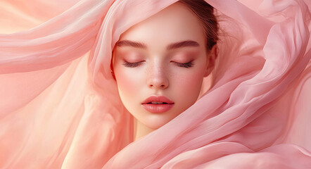 Poster - A beautiful woman with her eyes closed, draped in soft pink fabric that flows gracefully around her face and body, creating an ethereal atmosphere.