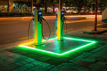 Electric fleet charging at a logistics center fast charging station, showcasing the integration of eco-friendly transportation, with plenty of space for messaging or branding.