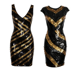 Elegant Black and Gold Sequin Party Dresses Displayed isolated white background 