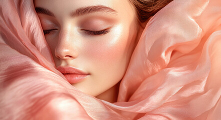 Canvas Print - A beautiful woman with her eyes closed, draped in soft pink fabric that flows gracefully around her face and body, creating an ethereal atmosphere.