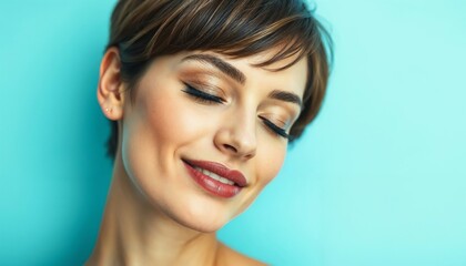 A woman with short hair is smiling, and her eyes are closed happily