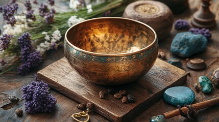 Vintage copper singing bowl with ritualistic accessories, set on a wooden surface, with an open area around for meditation and prayer imagery.--ar 16:9--v 6.1--stylize 350