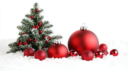 Festive Red Christmas Ornaments and a Small Snow-Dusted Christmas Tree Isolated on White Background