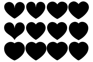 Wall Mural - 12 black heart shape vector set  silhouette