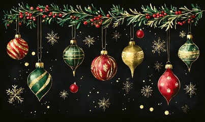 Wall Mural - glittery gold green and red Christmas ornaments and garlands on a black background,  Generative AI 