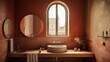 © Bouchra - A bathroom with a sink and a mirror. The sink is white and the mirror is round. There is a window above the sink
