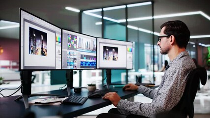 Fototapete - Video Editor Tech Job Using Computer