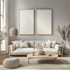 A living room with a white couch and a coffee table. There are two empty picture frames on the wall